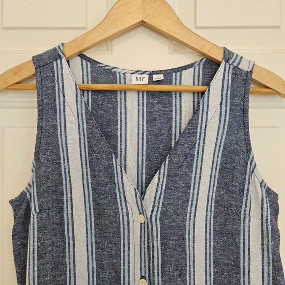 GAP Sz S Blue Stripe Button Front Shift Dress Sleeveless Lightweight Linen Blend - Picture 2 of 4